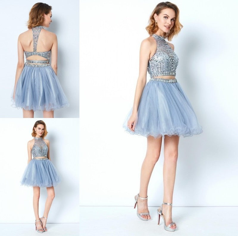 Beading Net A-Line/Princess High Short/Mini Sleeveless Neck Two Piece Dresses