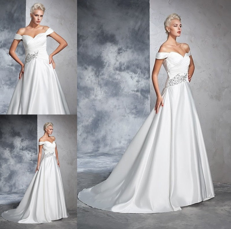 Sleeveless Gown Off-the-Shoulder Long Ruched Ball Taffeta Wedding Dresses