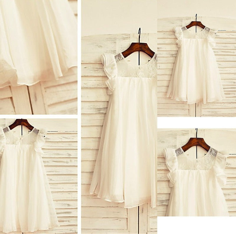 Chiffon Lace Scoop Short Tea-Length A-line/Princess Sleeves Flower Girl Dresses