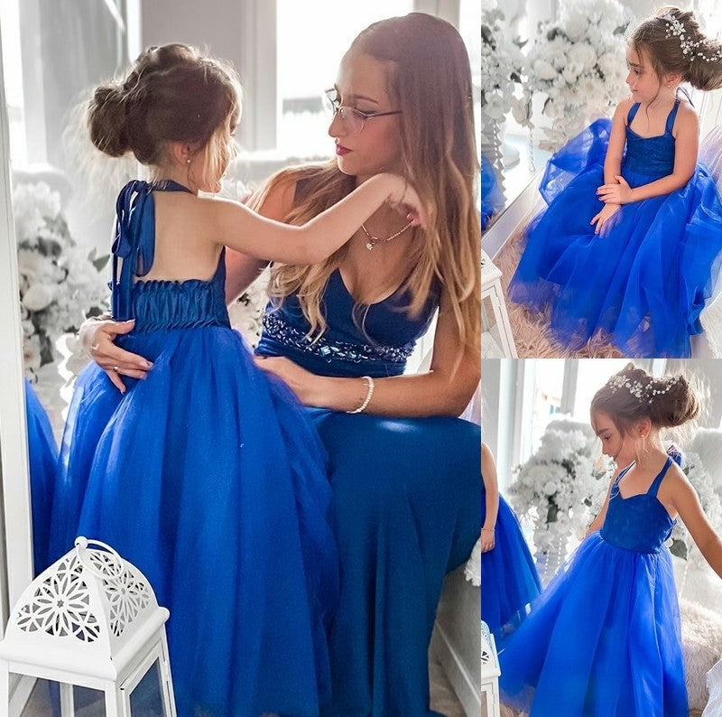 Sleeveless Tulle Halter Tea-Length A-Line/Princess Ruffles Flower Girl Dresses