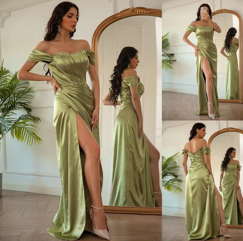 Sheath/Column Satin Ruched Woven Elastic Off-the-Shoulder Sleeveless Floor-Length Dresses