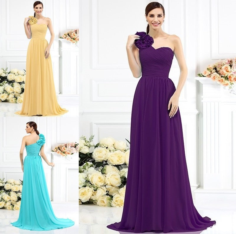 One-Shoulder Long A-Line/Princess Sleeveless Pleats Chiffon Bridesmaid Dresses