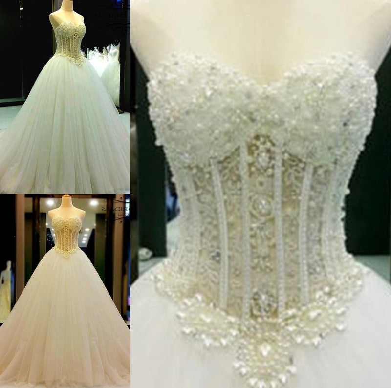 Court Ball Sweetheart Train Beading Gown Tulle Sleeveless Wedding Dresses