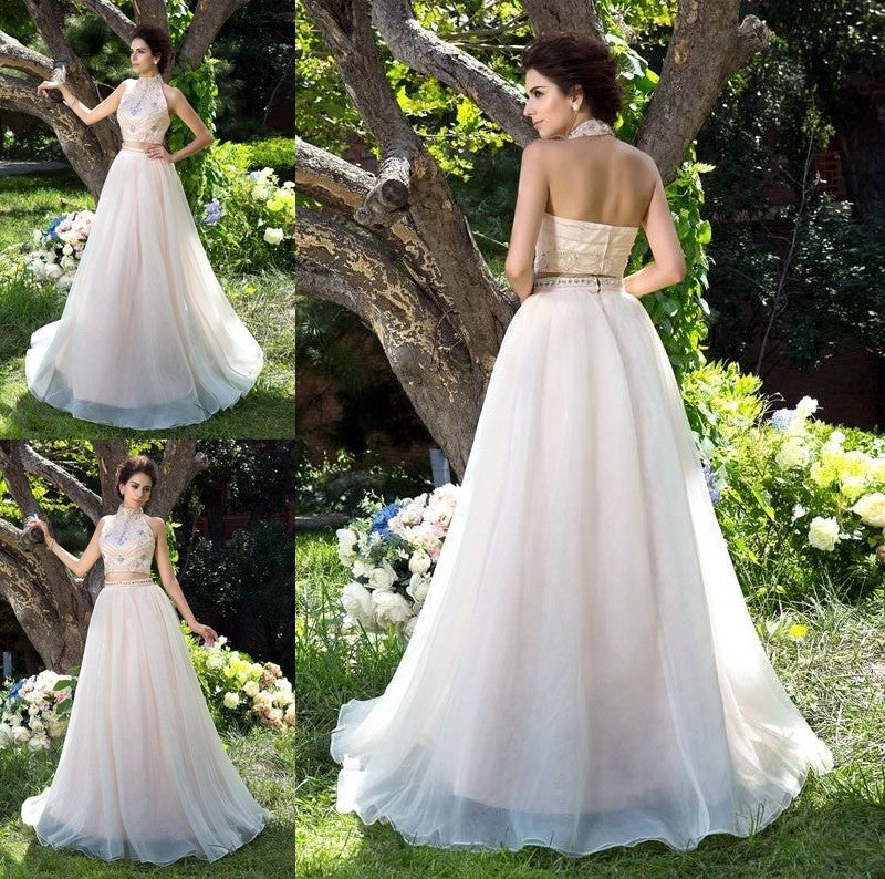 Neck Net A-Line/Princess High Beading Sleeveless Long Two Piece Dresses