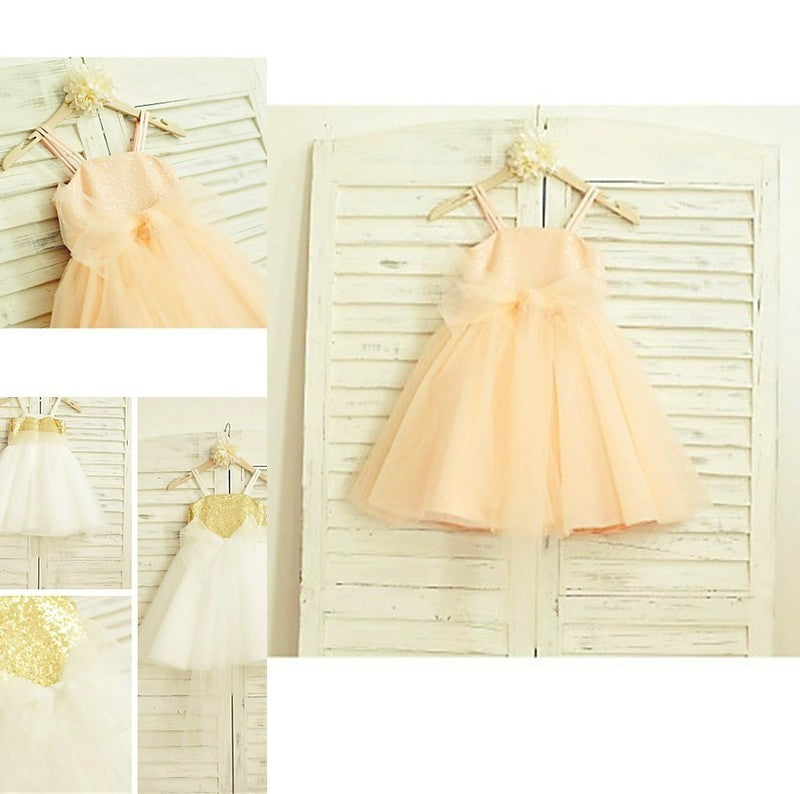 Spaghetti Sleeveless Tulle Sequin Straps A-line/Princess Tea-Length Flower Girl Dresses