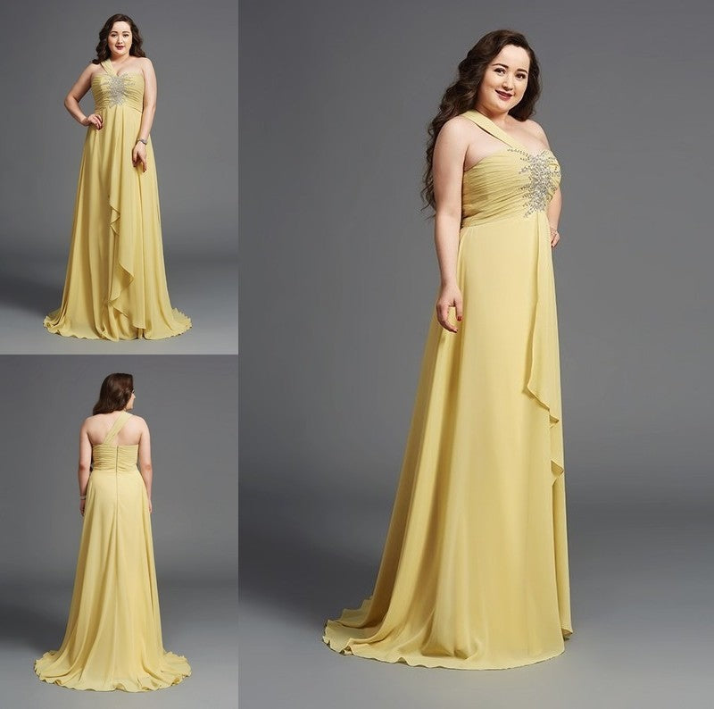 Chiffon Rhinestone A-Line/Princess Long Sleeveless One-Shoulder Plus Size Dresses