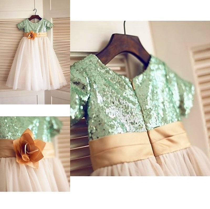 A-line/Princess Short Scoop Sequin Tulle Tea-Length Sleeves Flower Girl Dresses