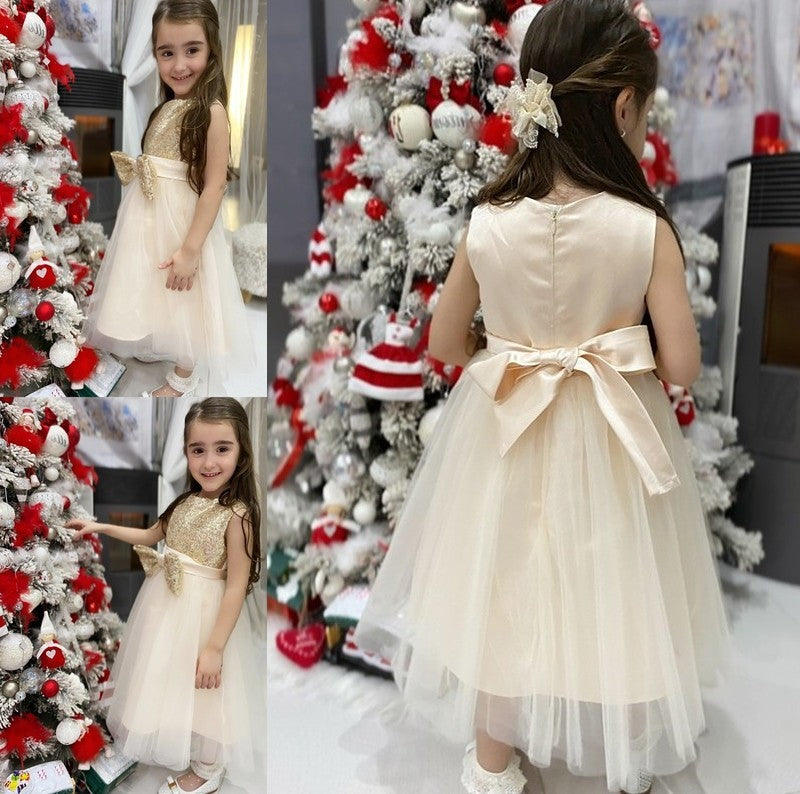 Tulle A-Line/Princess Bowknot Sleeveless Scoop Tea-Length Flower Girl Dresses