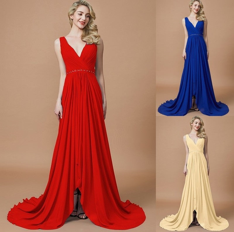 A-Line/Princess Chiffon Sweep/Brush Sleeveless V-neck Train Bridesmaid Dresses