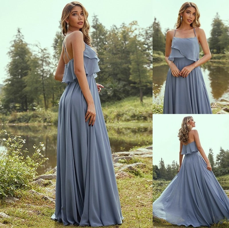 Spaghetti A-Line/Princess Sleeveless Chiffon Straps Ruffles Floor-Length Bridesmaid Dresses