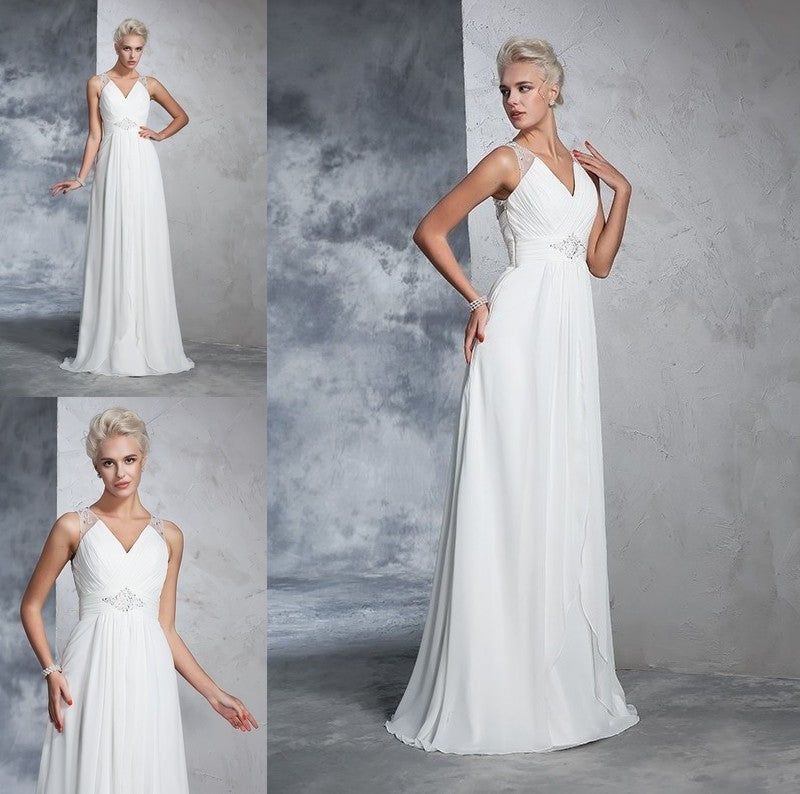 Sleeveless Ruched Long V-neck A-Line/Princess Chiffon Wedding Dresses