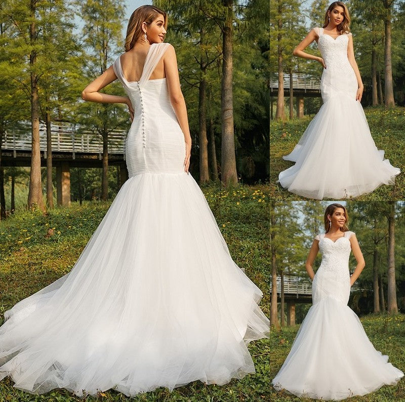 Sweetheart Applique Trumpet/Mermaid Tulle Sleeveless Sweep/Brush Train Wedding Dresses