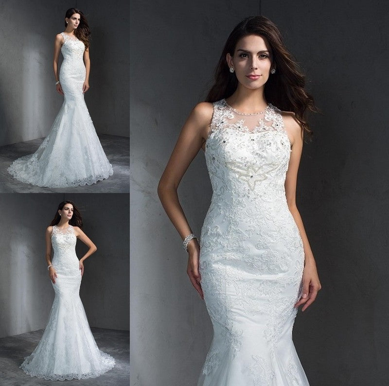 Long Sleeveless Scoop Applique Trumpet/Mermaid Lace Wedding Dresses