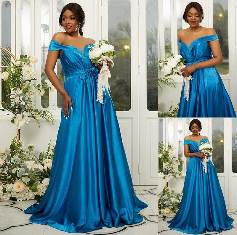 Sleeveless A-Line/Princess Ruffles Silk Off-the-Shoulder Satin Sweep/Brush like Train Bridesmaid Dresses