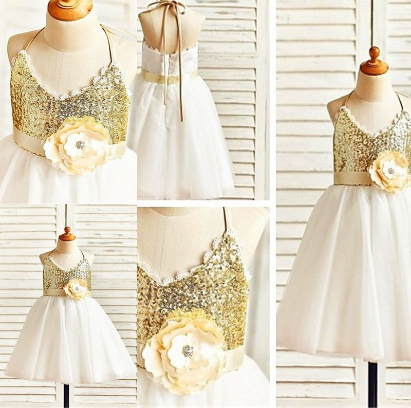 Sequin A-line/Princess Tulle Sleeveless Tea-Length Halter Flower Girl Dresses