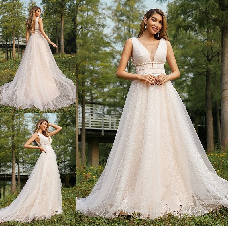 A-Line/Princess Sleeveless V-neck Ruffles Sweep/Brush Tulle Train Wedding Dresses