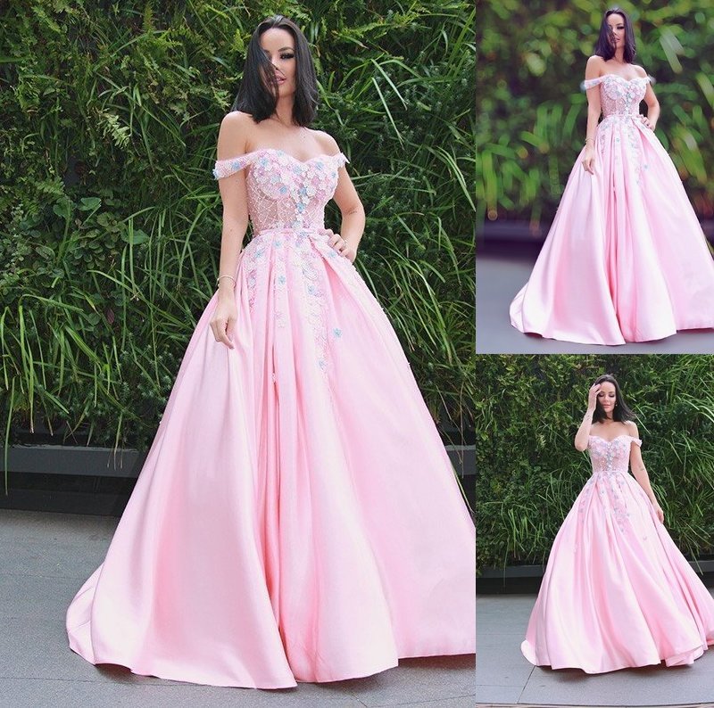 A-Line/Princess Sleeveless Off-the-Shoulder Satin Applique Sweep/Brush Train Dresses