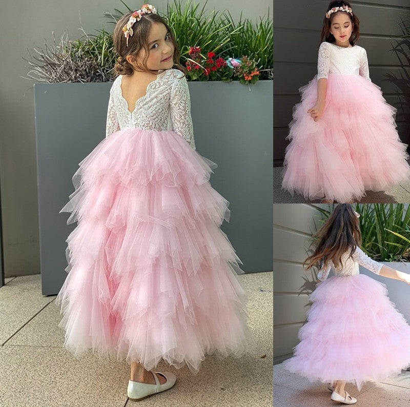 3/4 Sleeves A-Line/Princess Tulle Lace Ankle-Length Scoop Flower Girl Dresses