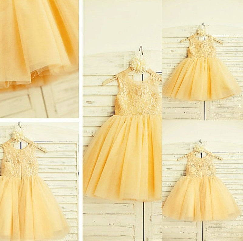 Lace Tea-Length Tulle Scoop A-line/Princess Sleeveless Flower Girl Dresses