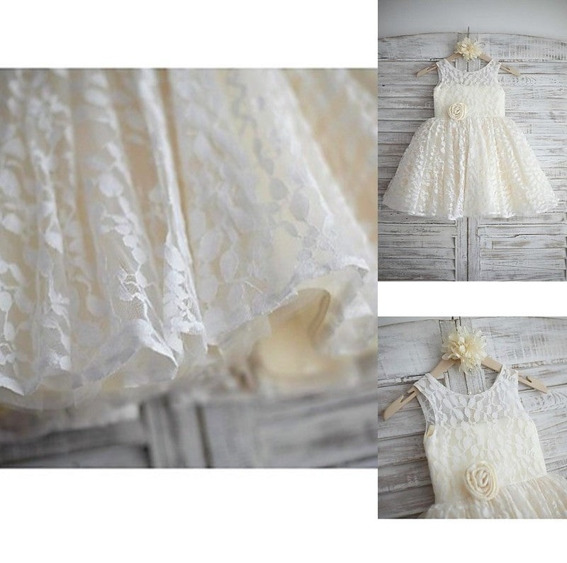 Tea-Length Lace Flower Hand-made A-line/Princess Scoop Sleeveless Flower Girl Dresses