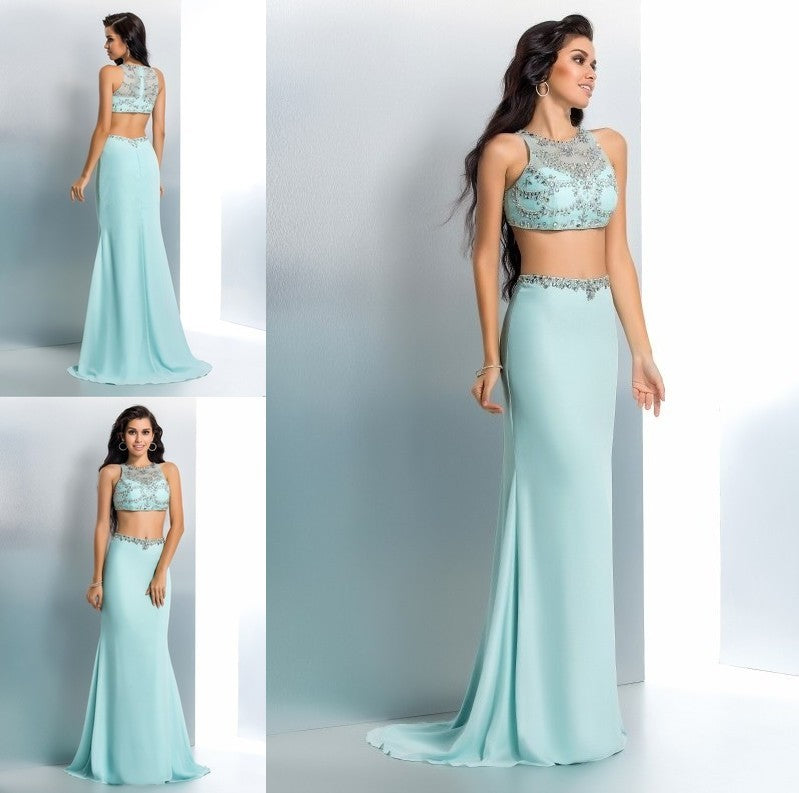 Beading Sleeveless Chiffon Trumpet/Mermaid Long Scoop Two Piece Dresses