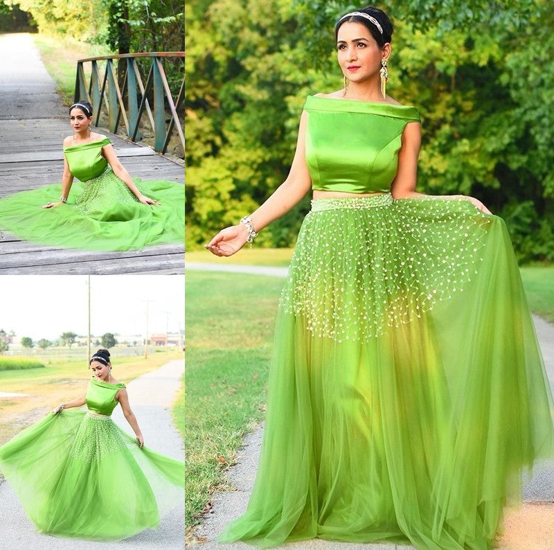 Tulle A-Line/Princess Floor-Length Off-the-Shoulder Sleeveless Beading Two Piece Dresses