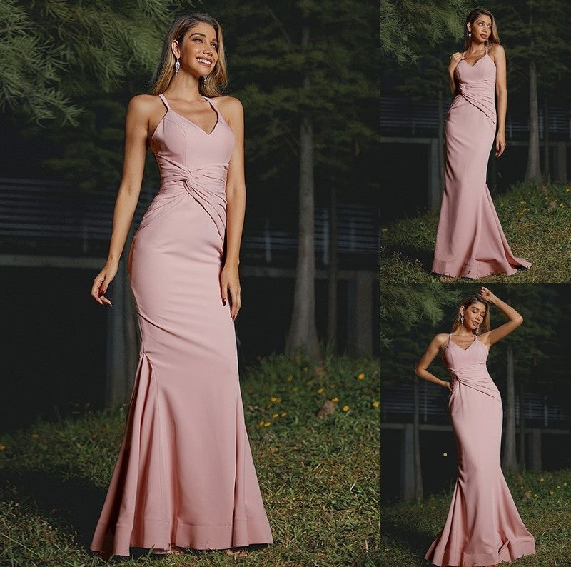 Sheath/Column Ruched Crepe V-neck Stretch Sleeveless Floor-Length Bridesmaid Dresses