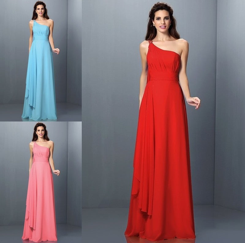 Pleats Sleeveless A-Line/Princess Long One-Shoulder Chiffon Bridesmaid Dresses