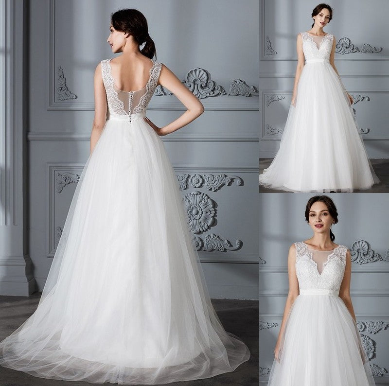 A-Line/Princess Train V-neck Sleeveless Sweep/Brush Tulle Wedding Dresses