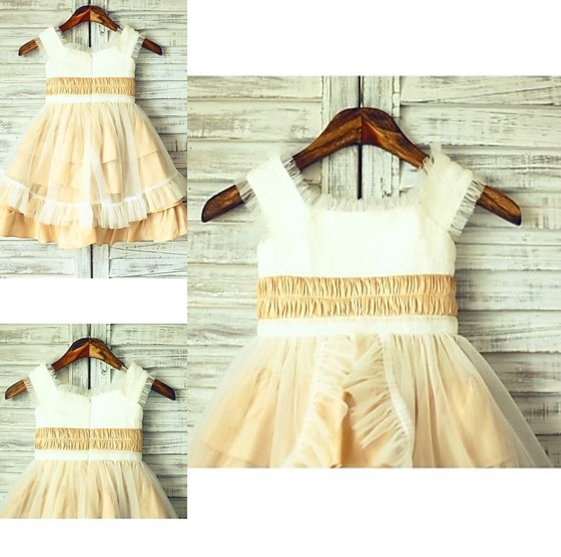 Square Satin Tea-Length Layers Sleeveless A-line/Princess Flower Girl Dresses