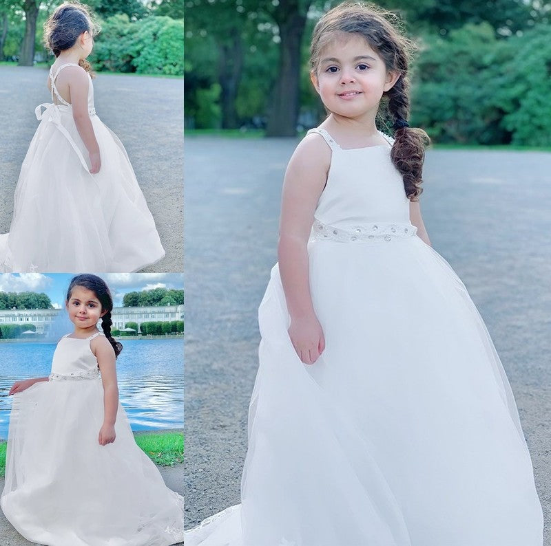 A-Line/Princess Spaghetti Tulle Sleeveless Straps Sweep/Brush Train Beading Flower Girl Dresses