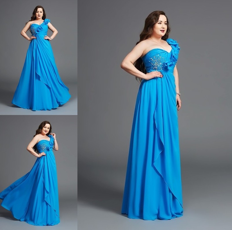 Sleeveless Chiffon Long Rhinestone A-Line/Princess One-Shoulder Plus Size Dresses