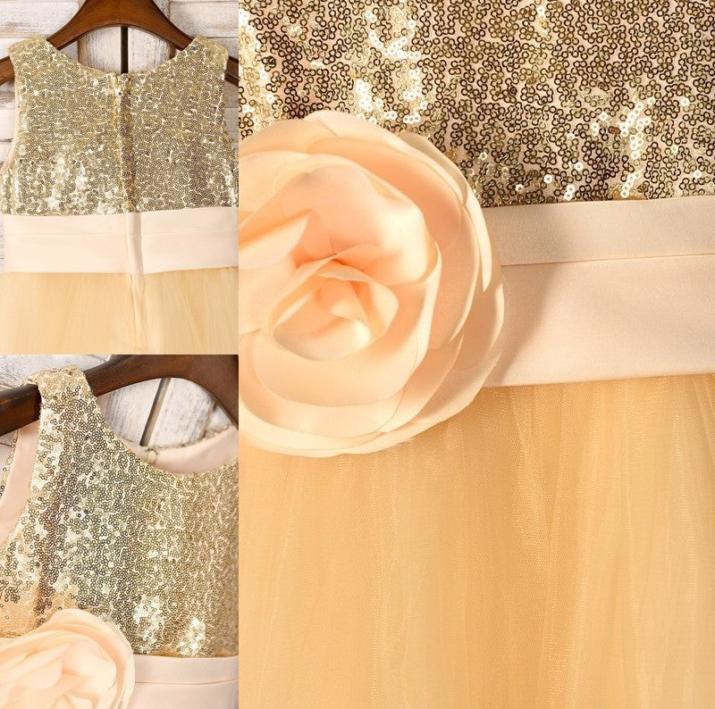 Flower Tulle Sleeveless Hand-Made Scoop A-Line/Princess Tea-Length Flower Girl Dresses