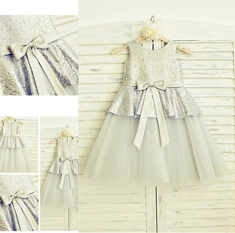 Sleeveless Tulle Sequin A-line/Princess Scoop Tea-Length Flower Girl Dresses