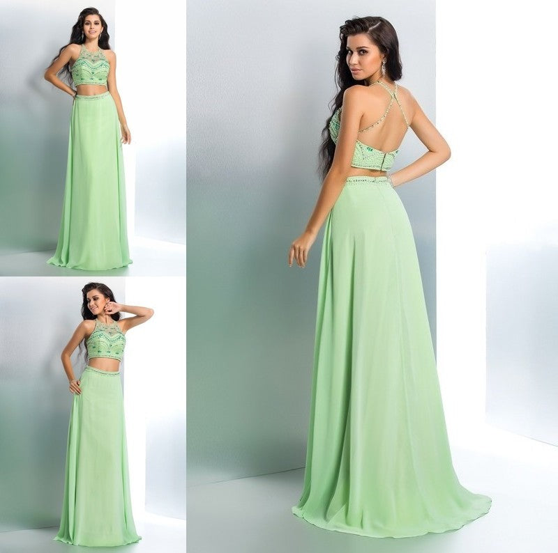 Chiffon Long Halter Beading Sleeveless A-Line/Princess Two Piece Dresses