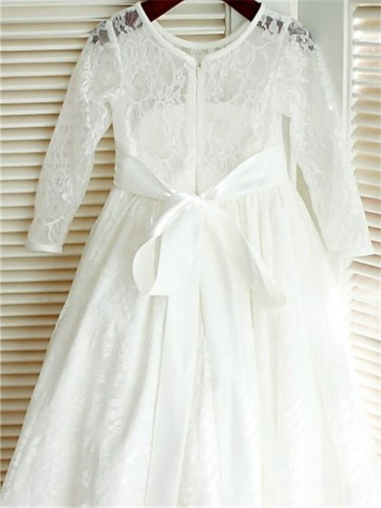 Sleeves Scoop Long Bowknot Lace A-line/Princess Ankle-Length Flower Girl Dresses