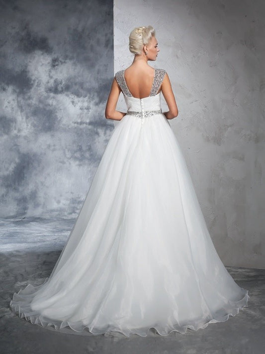 Ruched Straps Ball Long Gown Sleeveless Net Wedding Dresses