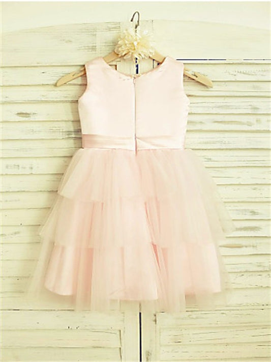 Scoop Sleeveless Hand-made Flower Tulle Tea-Length A-line/Princess Flower Girl Dresses