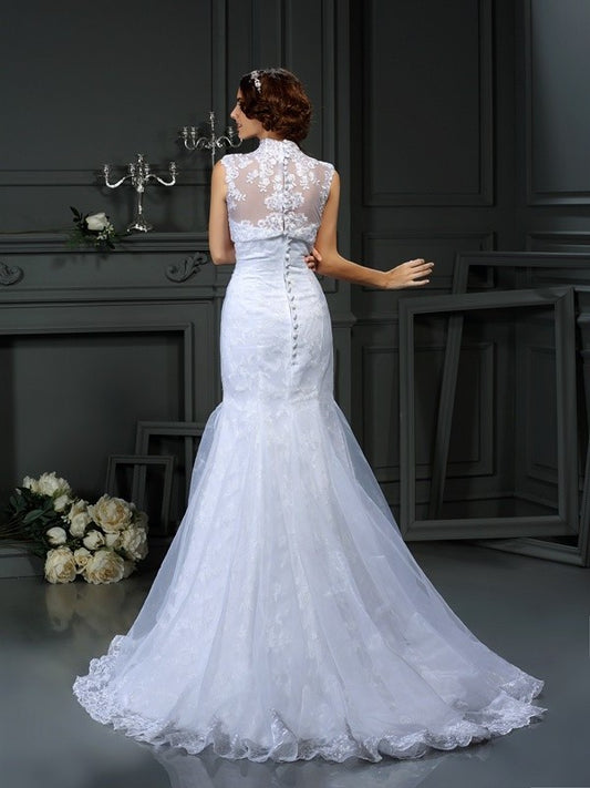 Sweetheart Lace Long Sleeveless Trumpet/Mermaid Satin Wedding Dresses