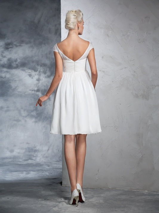 Ruched A-Line/Princess Short Sheer Short Neck Sleeves Chiffon Wedding Dresses