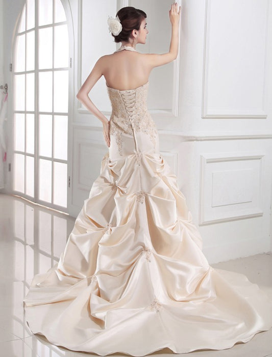 Applique Trumpet/Mermaid Halter Beading Sleeveless Satin Wedding Dresses