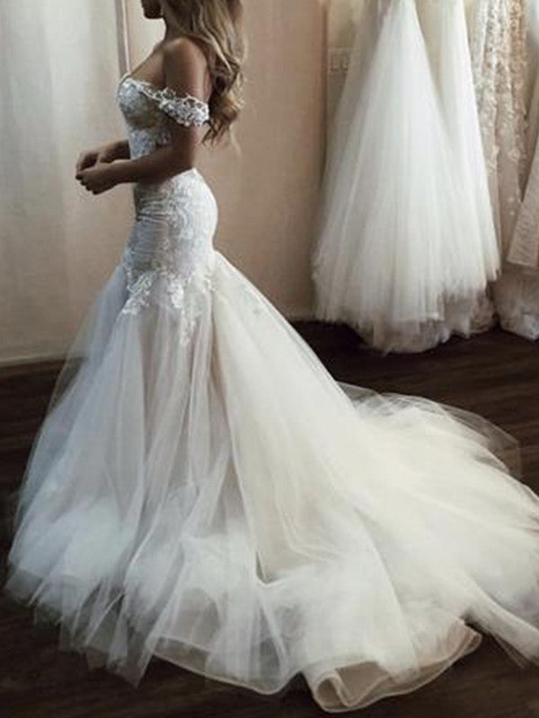 Tulle Sweep/Brush Off-the-Shoulder Applique Sleeveless Trumpet/Mermaid Train Wedding Dresses