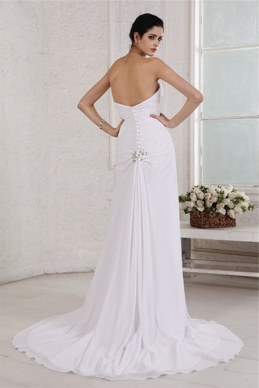 Sleeveless Strapless Long Sheath/Column Applique Beading Pleats Chiffon Wedding Dresses