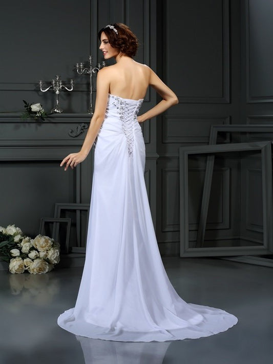 Long Sleeveless Sheath/Column Sweetheart Beading Chiffon Wedding Dresses