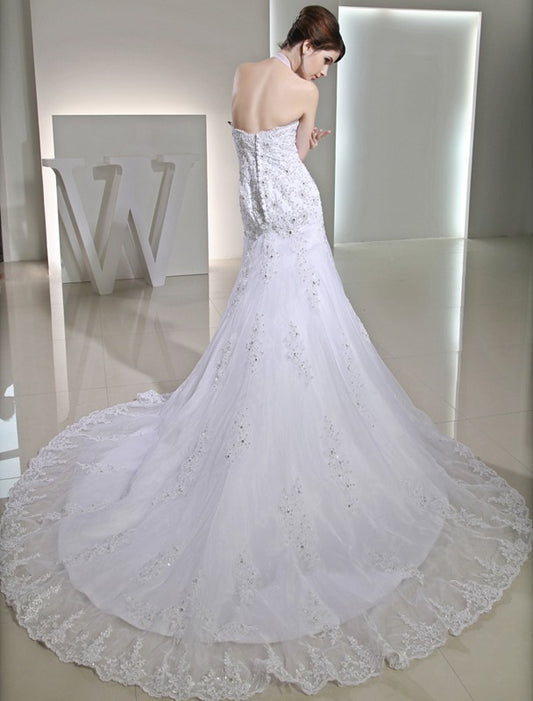 Beading Trumpet/Mermaid Sleeveless Halter Applique Satin Wedding Dresses