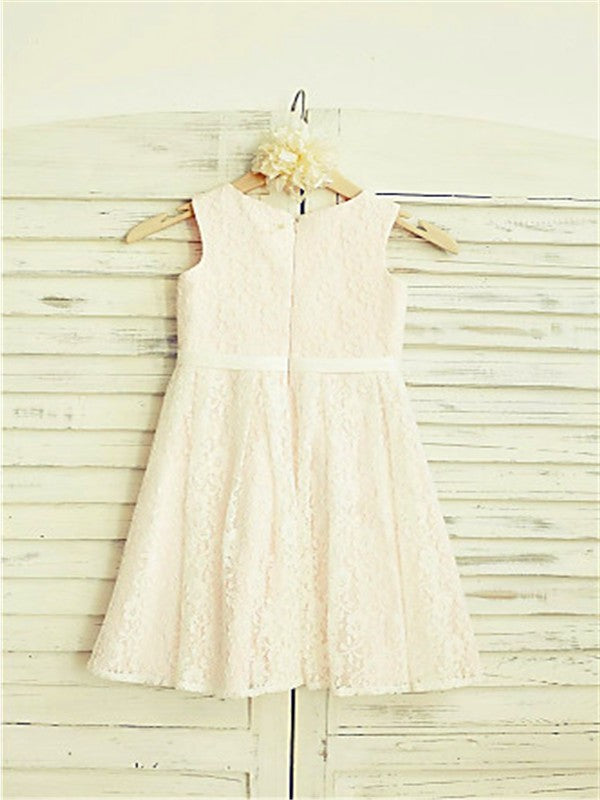 A-line/Princess Lace Tea-Length Jewel Sleeveless Flower Girl Dresses