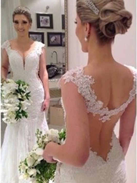 Train Trumpet/Mermaid Sleeveless Sweep/Brush V-neck Lace Wedding Dresses