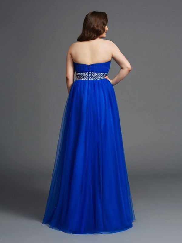 A-Line/Princess Rhinestone Sleeveless Long Net Strapless Plus Size Dresses