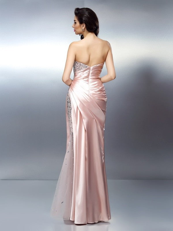 Trumpet/Mermaid Sleeveless Long Sweetheart Beading Elastic Woven Satin Dresses