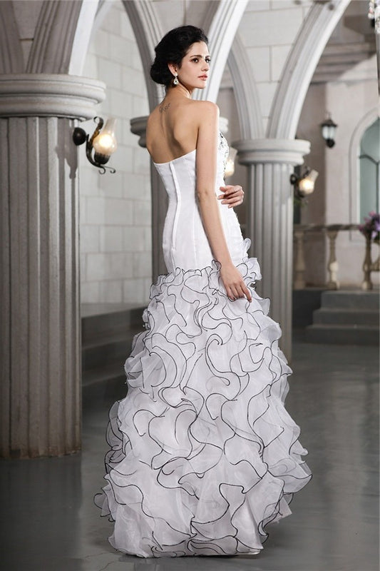 Sleeveless Beading Strapless Long Sheath/Column Organza Wedding Dresses